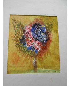 Mininatur: Der Blumenstrauß; (Ein Strauß von blauen und roten Blüten in schmaler Vase). Mischtechnik; Original Ölbilder von Jirina Klimentová (1932-1997).   - Links am unteren Bildrand handschriftlich signiert.