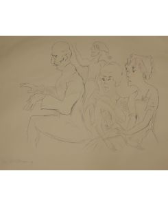 Danse macabre. Groteske Szene: Klavierspieler vor einem imaginären Klavier, umgeben von 3 tanzenden Frauen. Kolorierte Lithographie. Links unten mit Bleistift signiert. Unten mit Beistift bezeichnet Tanz macabre.