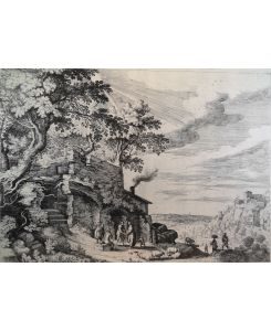 Kupferstich von 1605. Die Landschaft mit Abraham vor der Ruine.