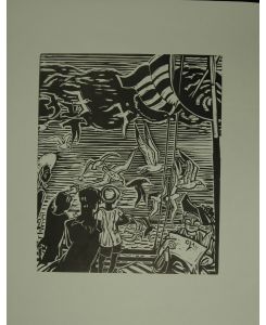 Holzschnitt von Otto Laible, in der Platte monogrammiert. Vier junge Frau und eine ältere Frau am Ufer, in der Luft eine Schar Möwen.