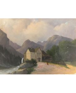Gemahltes Bild auf Karton - Haus am Fluss mit Berglandschaft um 1880-1890