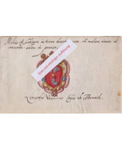 Melius est habitare in terra deserta … Leonardus Udalricus Comes ab Harrach. Gouachiertes Stammbuchblatt mit Wappen Harrach auf Pergament, ca. 1600.
