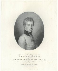 Brustbild nach halbrechts im Oval des Vaters des Kaisers Franz Joseph, als junger Mann in Uniform mit Orden vom Goldenen Vlies.