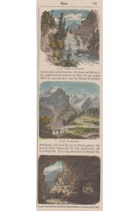 kolorierter Holzstich Alpen: Rheinfall im Rofflagrunde; Die Ortlesspitze; Die dritte Galerie des Wormser Jochs im Vallone de la Neve vor dem J. 1848