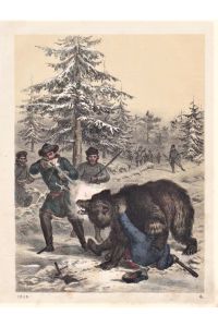 Bärenjagd in Russland, Orig. Lithographie, altkoloriert, datiert 1858.