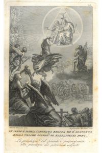Detailreich dargestellte Krönung Mariens durch die Dreifaltigkeit, mit Engelschor und Orchester. Darunter Text auf Italienisch.