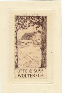 Ex Libris Otto u. Suse Woltereck. Zwischen Birke und Kiefer Blick auf ein ländliches Haus.