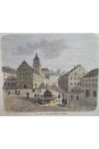 Der Marktplatz in Gotha. Kolorierter Holzstich aus Spamers Lexikon = rückseitig mit Text, 9 x 11 cm, um 1860.