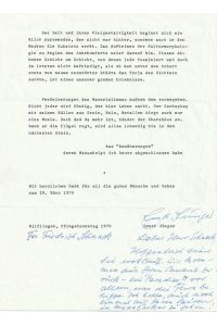 Schriftsteller (1895-1998). Typoskript aus Annäherungen. Drogen und Rausch (19 Zeilen) mit eigenh. Widmung u. U. (10 weitere handschriftl. Zeilen) an Friedrich Schnack.