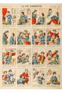 La fée Bambinette. Bilderbogen mit 16 Darstellungen auf einem Blatt mit französischem Untertext.