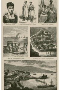 Mädchen von Funchal; Leute von den Azoren; Leute von den Kapverden; Sänfte und Ochsenschlitten auf Funchal; Longwood auf StHelena; Ansicht von Funchal auf Madeira;Bewohner der afrikanischen Inseln