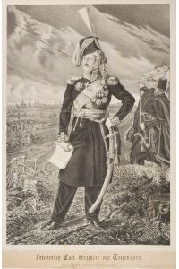 Ganzfigur nach dreiviertellinks, stehend als kaiserlich russischer General, in Uniform mit Orden vor einer Parade der Kavallerie, in der Rechten die Kapitulationsurkunde von Bremen vom 15. Oktober 1813, im Hintergrund Ansicht von Bremen.