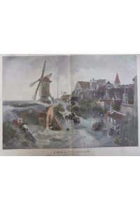 kolorierter Holzstich - Ostende zur Zeit der Springflut ( Belgien Hochwasser Flandern )
