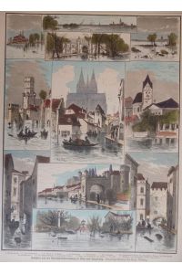 kolorierter Holzstich - Ansichten von der Rheinüberschwemmung in Köln und Umgebung. (Vielansicht)