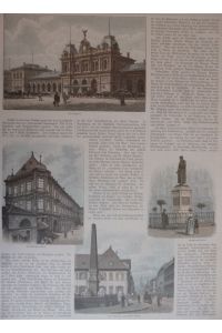 kolorierter Holzstich - (Vielansicht) - Ansichten Mainz. 1. : Der Bahnof, 2. : Kurfürstliches Schloss, 3. : Gutenberg-Denkmal, 4. : Neuer Brunnen und Große Bleiche