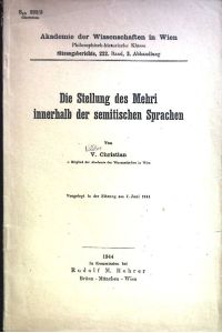 Die Stellung des Mehri innerhalb der semitischen Sprachen.   - Akademie der Wissenschaft in Wien: Sitzungsberichte, 222. Band, 3. Abhandlung.