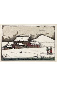Riesengebirge - Wiesenbaude im Quellgebiet d. Weisswassers 1410 m. ü. M. [im Winter]  - Farbige Litho-Künstlerpostkarte  (Künstler-Stein-Zeichnung)