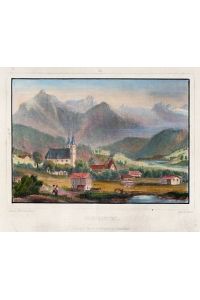 Hopfgarten (im Brixental). Kolorierter Aquatinta Stahlstich von Kurz nach Obermüllner, um 1865.