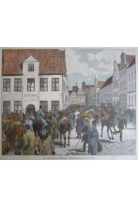 kolorierter Holzstich - Ein Pferdemarkt in Mecklenburg.