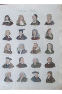 Scholars & Critics. Sammelblatt mit zwanzig Brustbildern berühmter Philosophen. Kolorierter Stahlstich (anonym), ca. 26 x 20 cm, um 1850.