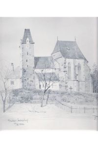 Die gotische Wallfahrtskirche Mauer. Orig. Bleistiftzeichnung von Albert Paar, hs. monogrammiert AP, bezeichnet Mauer - Loosdorf, datiert 23. III. 1902.