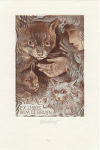 Ex Libris Wim De Bruijn. Hand, Frauenkopf und drei Katzen.