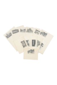 Serie von sechs Briefbogen mit Kuvert (beides jeweils mit Wasserzeichen „Stefanie Mill“), jeweils mit (6 verschiedenen) kleinen getönt. lithogr. Ansichten von Baden.