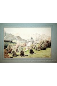 Schloss Blühnbach, Salzburg, Ansicht original Handzeichung und Aquarell