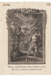 Perseus capite Medusae Atlanti obiecto caussa sit eius in montem transformandi. Original-Kupferstich.   - Zeigt den erbosten Perseus, der Atlas das Haupt der Medusa zeigt, worauf der Titan zu Fels erstarrt.