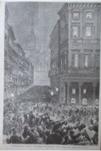 Die Arbeiterunruhen in Mailand. In der Straße Vittorio Emanuele.  Holzstich von Ferrari, rückseitig mit Text, ca. 35 x 223cm, um 1880.