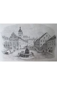 Der Marktplatz in Gotha. Holzstich (anonym), aus einer Zeitschrift = rückseitig mit Text, 17 x 25, 5 cm, 1862.