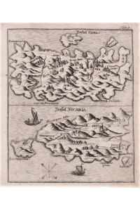 Insul Samos und Insul Nicaria. Orig. Kupferstich mit 2 Landkarten von A. M. Myller (Müller), 1735.