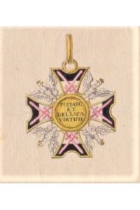 Pietate et bellica virtute (Militärorden). Entwurf für einen militär. Orden. Kolorierte Federzeichnung auf Büttenpapier, 2. Hälfte 18. Jhdt.