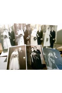 Nostalgie / Vintage. Unbekannte Hochzeitspaare. Paarfotographie. Konvolut 7 x Alte Ansichtskarte s/w. alle ungel. von ca 1915 - 40 ?. 1 x unliniert. Verschiedene Aufnahmen von div. Paaren, Brautkleidmode.