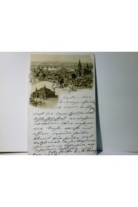 Mainz am Rhein. Gruss aus. . , Alte Ansichtskarte / Lithographie s/w, Vorläufer ?, gel. 1899. 2 Ansichten : Panorama über die Stadt u. Stadthalle.