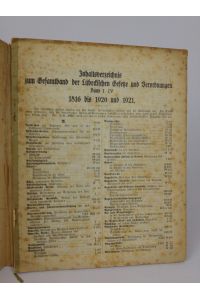 Inhaltsverzeichnis zum Gesamtbestand der Lübeckischen Gesetze und Verordnungen. Band I-IV. 1816 bis 1920 und 1921.