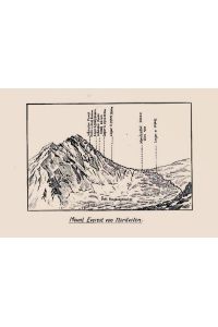 Mount Everest von Nordosten.   - Original-Federzeichnung mit Position der Höhenlager auf Karton montiert.