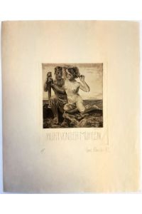 Gestochenes Exlibris für Kurt von der Mühlen. Auf Fels am Meer sitzendes Aktpaar, 1912.
