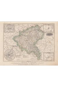 Provinz Posen 1849. Grenzkolorierte Stahlstich-Karte aus Meyers Zeitungs-Atlas. Mit 4 Nebenkarten: Bromberg, Lissa, Posen, Fraustadt.