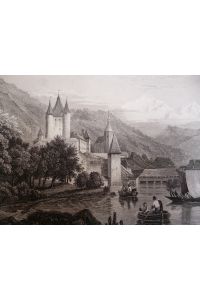 Orig. Stahlstich: Thun Schweiz Thuner See Schloss  - by C. Frommel / H. Winkles