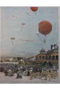 orig. kolorierter Holzstich - Leroux´ Versuche m. d. Fallschirm Berlin ( Fesselballon )