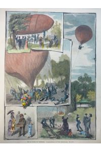 original kolorierter Holzstich - Aus der Saison des Luftballons ( Fesselballon )