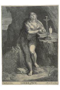Die Heilige als Büßerin in Ganzfigur an einem Baumstumpf stehend, unbekleidet vor einem Kruzifix betend.