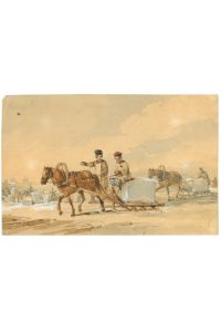 Männer transportieren jeweils einen großen Eisblock auf Pferdeschlitten. Links im Hintergrund weitere Eiswerker, sowie Gebäude.