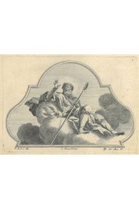 S. Joachim. Der Heilige in Ganzfigur nach rechts auf einer Wolke sitzend, in der einen Hand eine Schäferschippe und die andere erhoben. Zwei Tauben verweisen auf sein Tempelopfer. Mit geschwungener Umrahmung.