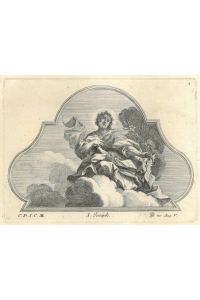 S. Joseph. Der Mann Mariens in Ganzfigur auf einer Wolke sitzend mit einem Lilienzweig in der Hand. An seiner Seite ein geflügelter Engelskopf. Mit geschwungener Umrahmung.