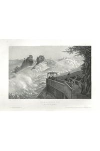 Vue de la Chût du Rhin. Wildromantische Ansicht des Wasserfalls, im Hintergrund links Schloß Laufen.