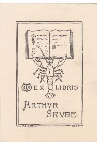 Ex Libris Arthur Grube. Krebs mit offenem Buch und Eulenkopf.
