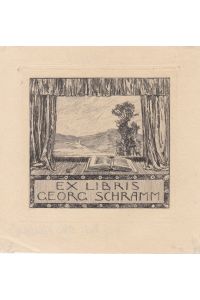 Ex Libris Georg Schramm. Buch vor Fenster mit Blick auf Berglandschaft.