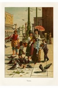 Venedig Venezia Tauben füttern Italien , Repro auf Büttenpapier ,   - nach einer Chromolithographie von 1890